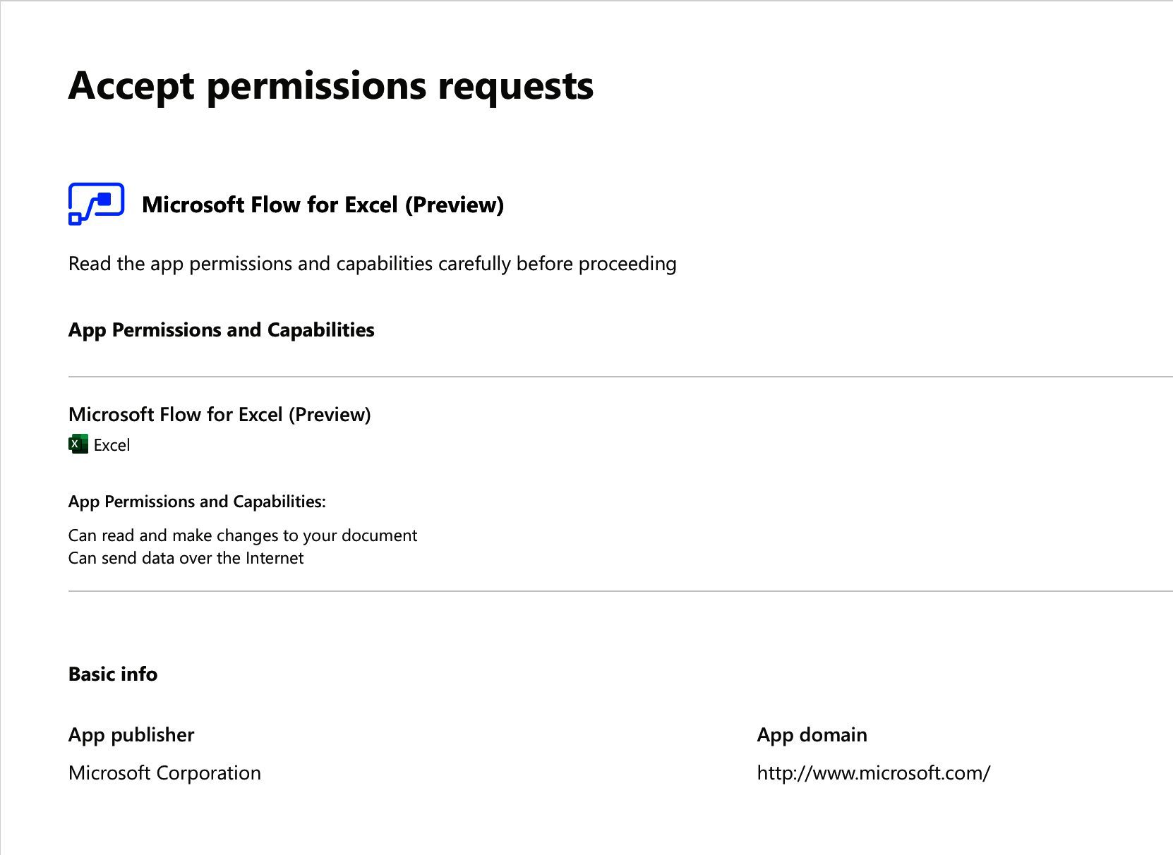 After the permissions were selected Microsoft prompts for additional permissions for the Microsoft Flow for Excel add-in