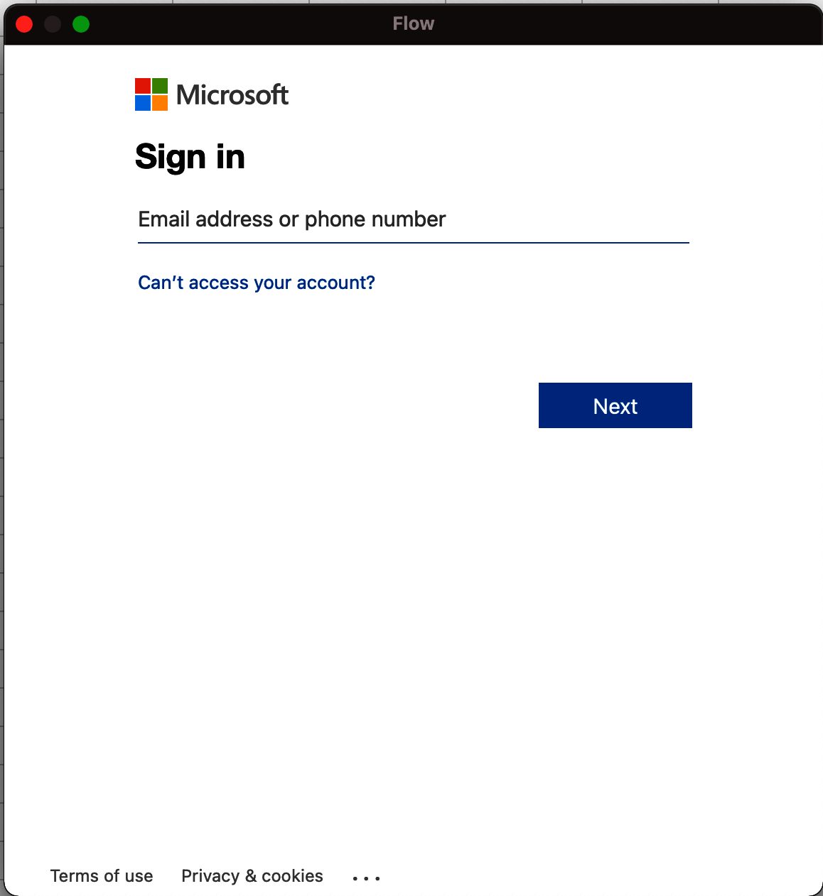 The "usual" sign in" window from Microsoft to enter the email or phone number