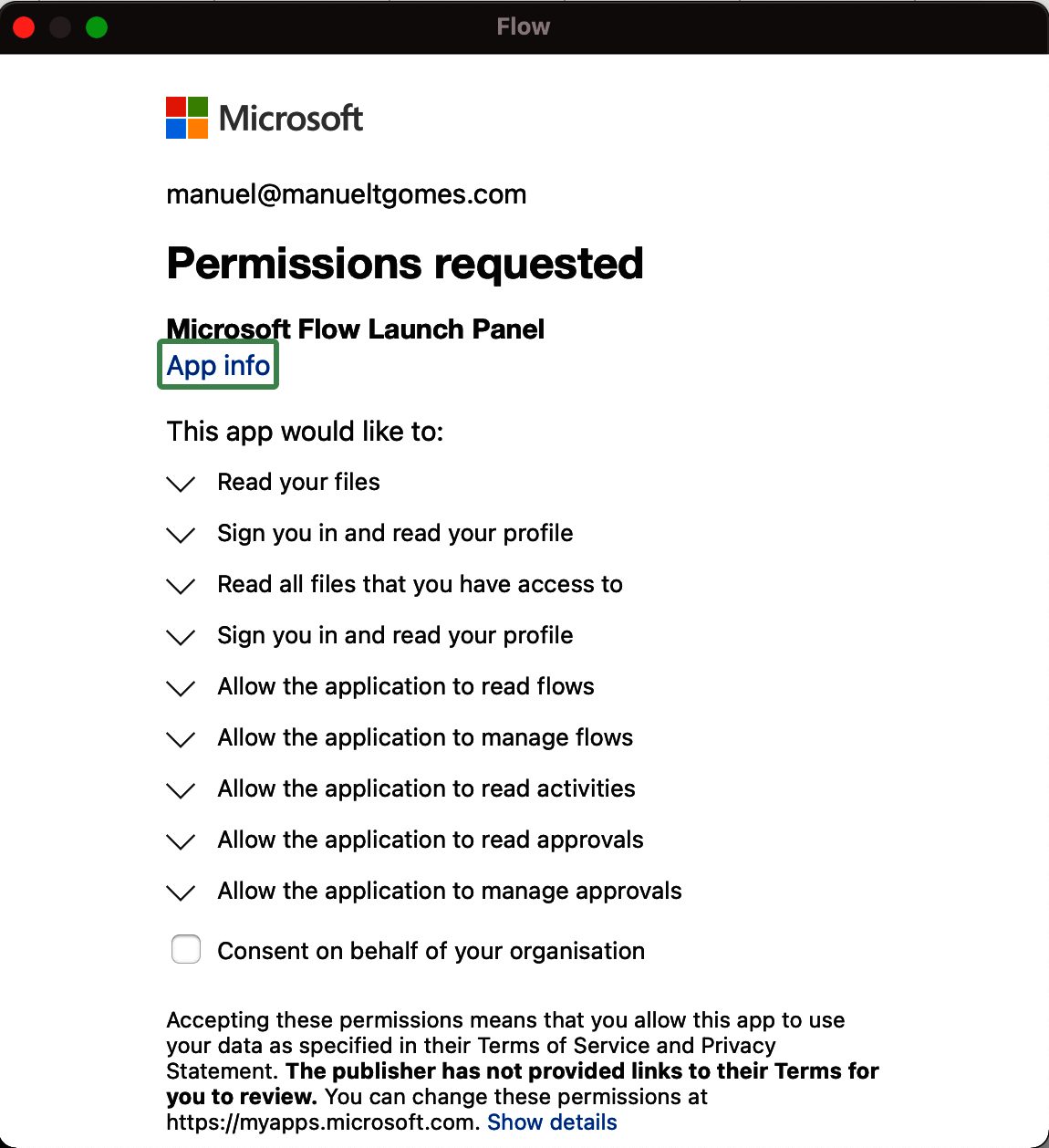 After we pass the authentication process, we're prompted to provide Microsoft Flow for Excel additional permissions to be able to interact with Microsoft Flow.