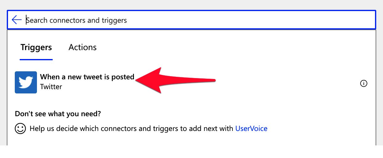 Select "when a new tweet is posted" in the Twitter's connector in Power Automate