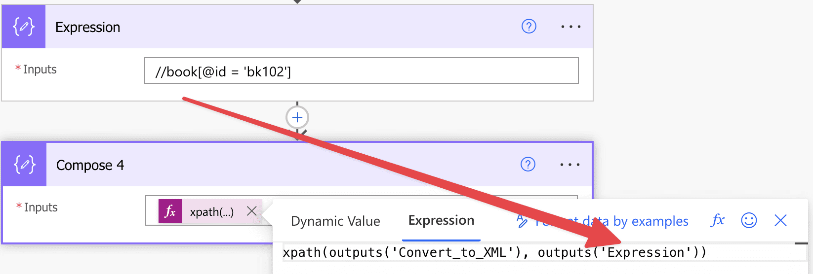 Use the xpath function to query an XML using the attribute in an element. In this approach, we're using a compose action to avoid issues with single quotes.