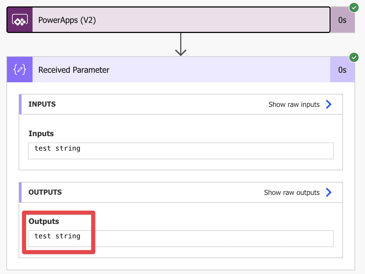 Output of the "PowerApps (V2)" trigger displayed in a "Compose" action.
