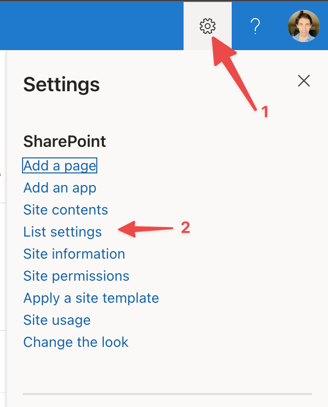 Access the list settings in SharePoint