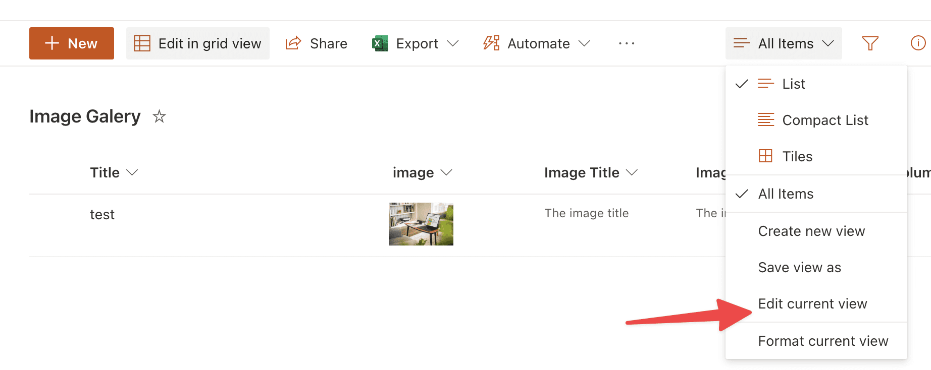Edit the current view to display the image column in SharePoint.