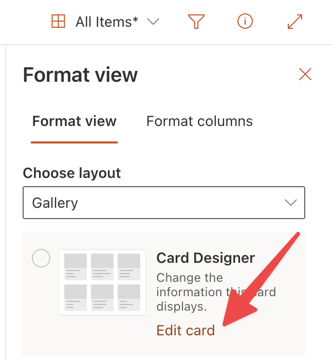 How to access the card view in a Gallery to edit the JSON's configuration file