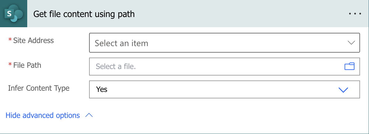 Here's what the "Get file content using path" action looks like with expanded advanced options